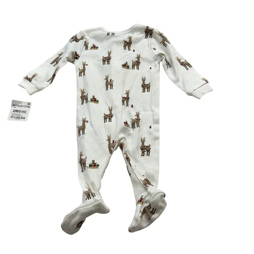 Petit Lem Holiday Reindeer 2-Way Zip Footed Sleeper Unisex 3M Off White